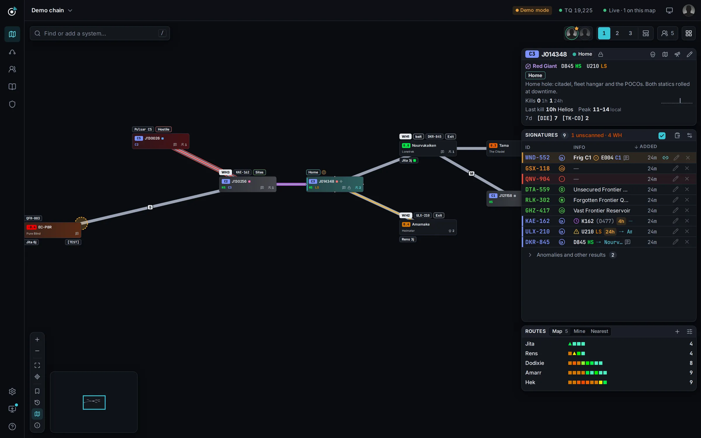 The demo chain in Darkbeacon: a C3 home hole linked to a C2, a C5 Pulsar flagged hostile, a null-sec system, a high-sec exit and a low-sec exit. On the right, the System info, Signatures and Routes widgets for the home system.