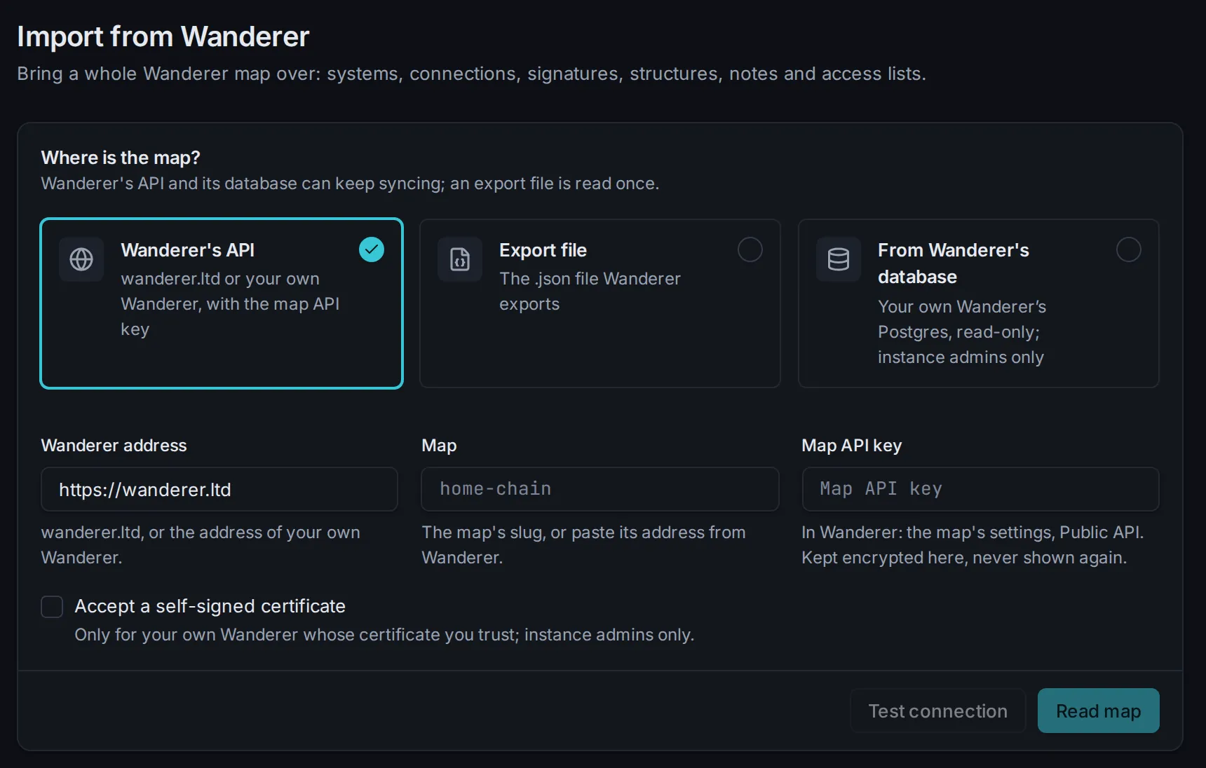 Import from Wanderer: choose Wanderer’s API, an export file or Wanderer’s database, then the address, the map and its API key.